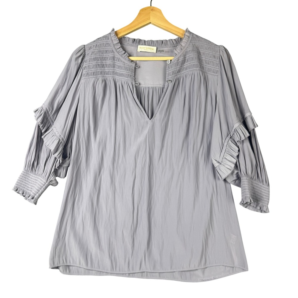 Ramy Brook Kiki Smocked Ruffle V-Neck Blouse Dusty Lilac Purple Size Small